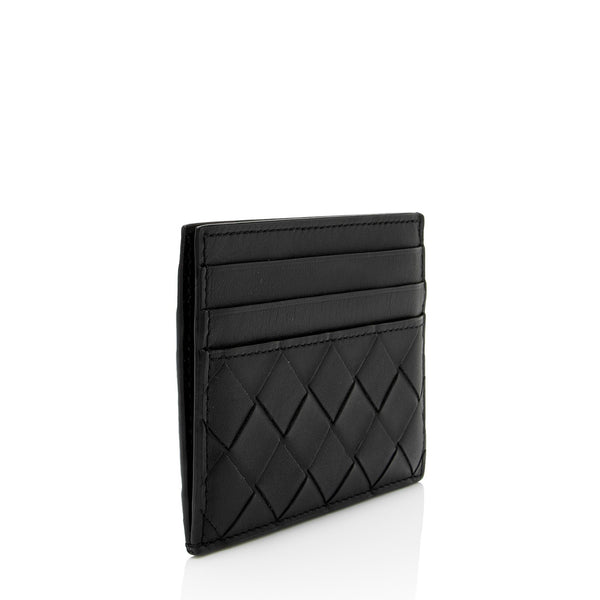 Intrecciato Leather Card Holder With Strap in Black - Bottega Veneta