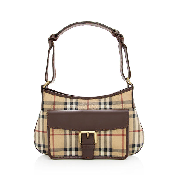 BURBERRY Leather-trimmed checked coated-canvas shoulder bag in 2023