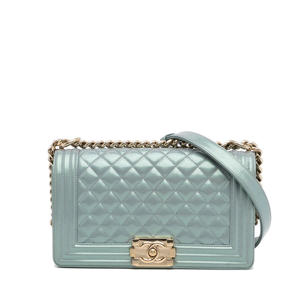 Chanel Iridescent Light Blue Patent Leather Small Boy Bag