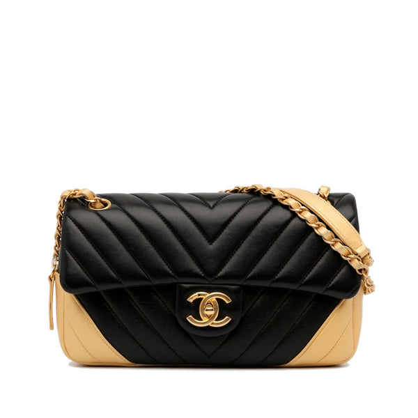 CHANEL Leather Chevron Quilted Double Flap Bag Black
