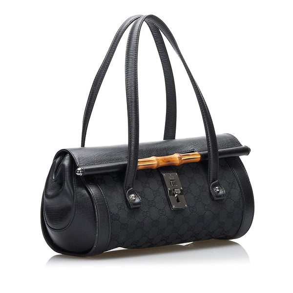 Gucci Bamboo Black Monogram Leather Bullet Shoulder Bag Purse