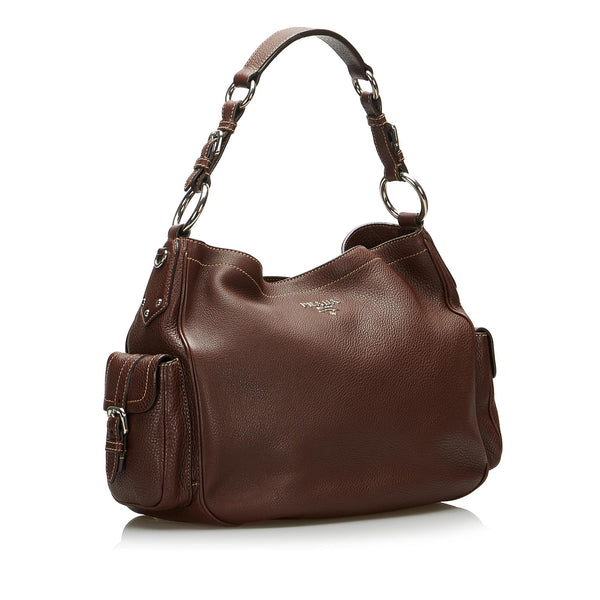 Prada Leather Side Pocket Hobo Shoulder Bag Brown