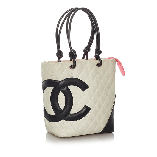 CHANEL Calfskin Quilted Small Cambon Tote White Black 61841