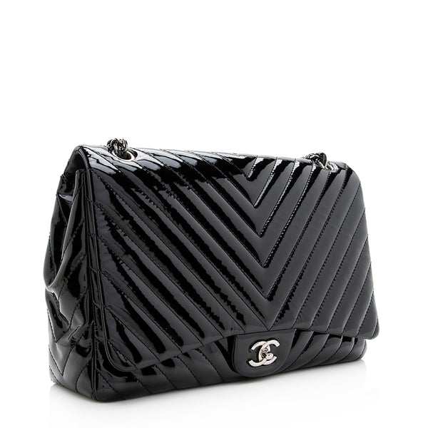 Chanel Red Chevron Patent Leather Maxi Classic Single Flap Bag Chanel