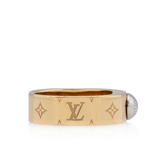 Louis Vuitton Gold Tone Monogram Wood Ring Size 56