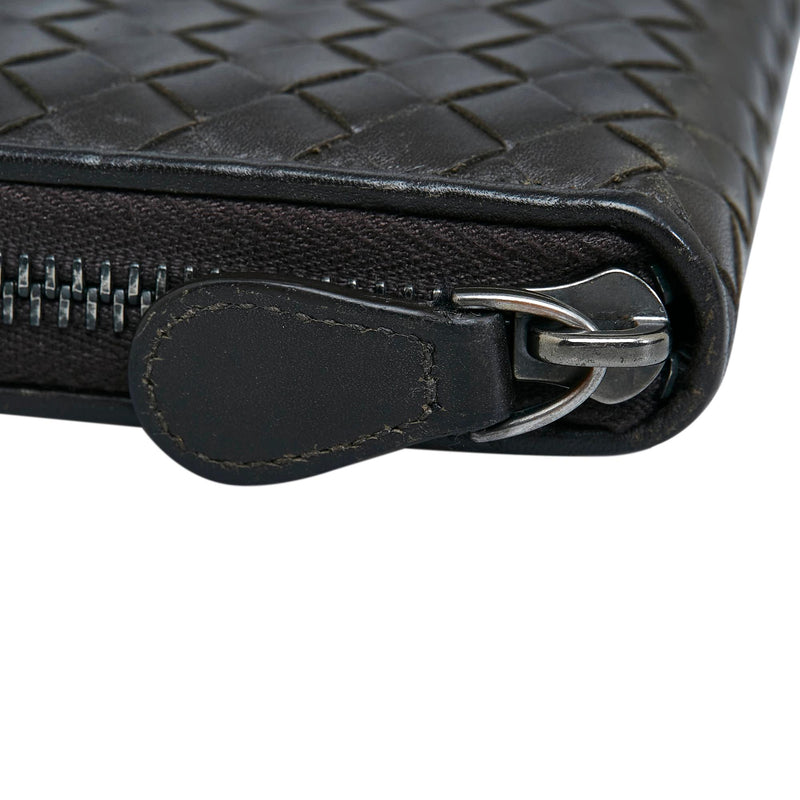 Bottega Veneta Black Intrecciato Leather Zip Around Compact Wallet