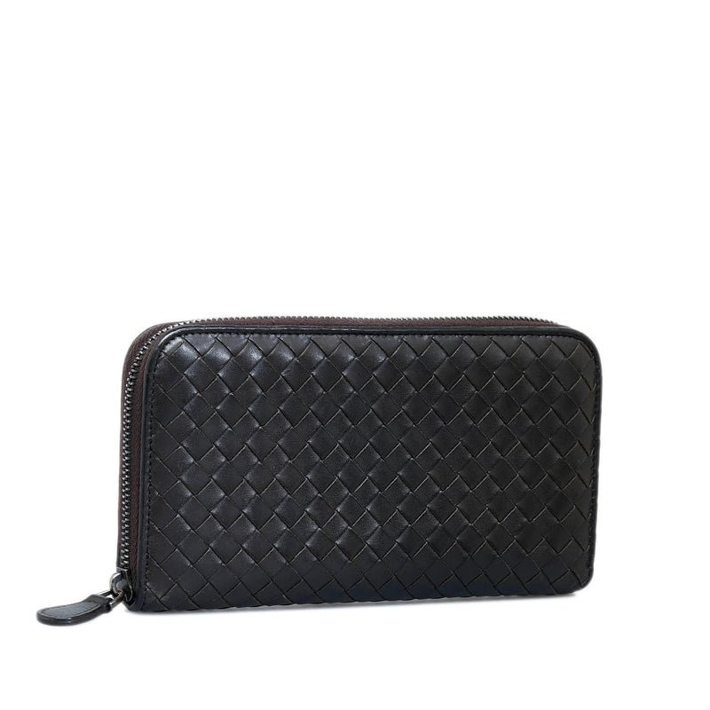 Bottega Veneta Black Intrecciato Leather Zip Around Compact Wallet