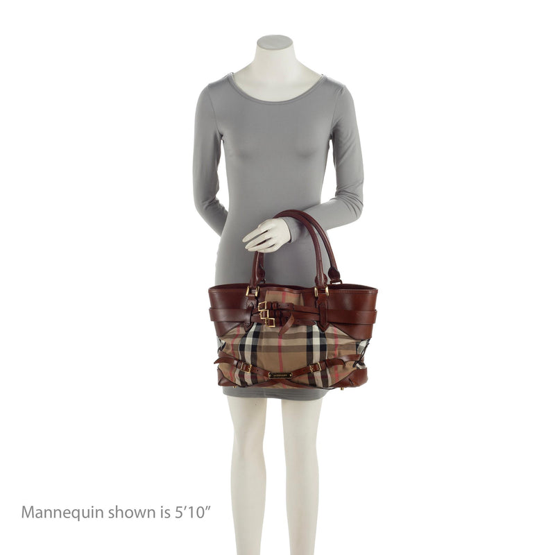 Burberry Brown/Beige Leather And Bridle House Check Canvas Lynher Medium  Tote at 1stDibs