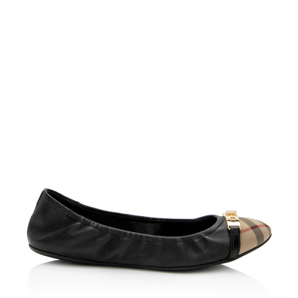 Burberry Leather Nova Check Cap Toe Scrunch Ballet Flats - Size 9 / 39 (SHF-I5qjdB)