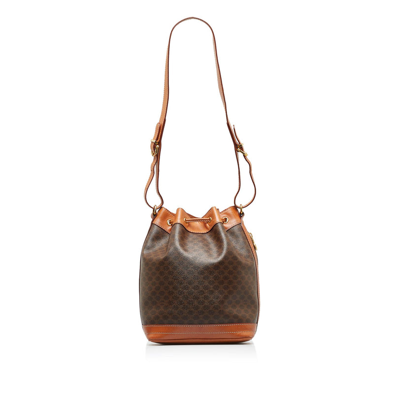 Celine Monogram Macadam Drawstring Bucket Hobo Bag Tote Crossbody Shoulder  Brown