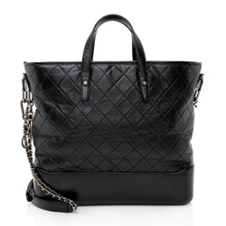 Black and Beige Quilted Chevron Lambskin Gabrielle Tote Gold