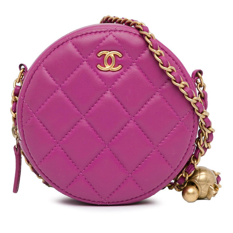 Chanel CC Quilted Lambskin Pearl Crush Round Clutch with Chain (SHG-aW4PQp)