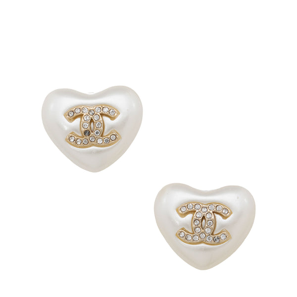 Chanel Crystal Pearl Heart CC Stud Earrings (SHF-mGAgRY)