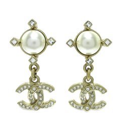 Chanel Faux Pearl & Strass CC Logo Push Back Drop Earrings (SHG-vniVOz)