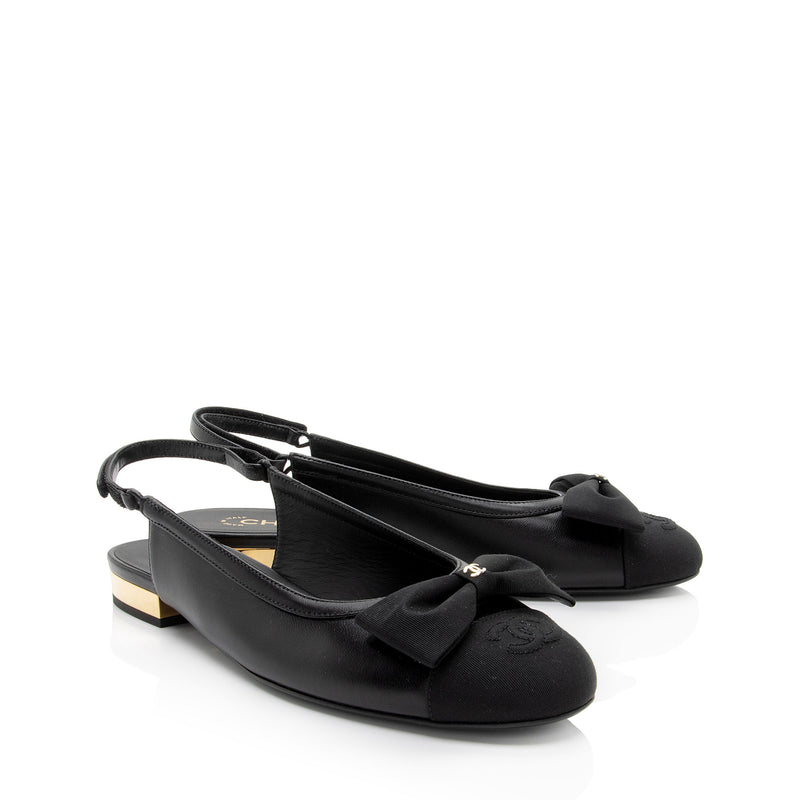 Chanel Lambskin Grosgrain Bow CC Captoe Slingback Flats - Size 8.5 / 38.5 (SHF-UU3dKk)