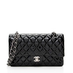 Chanel Black Quilted Patent Leather Jumbo Large Classic Double Flap Ba