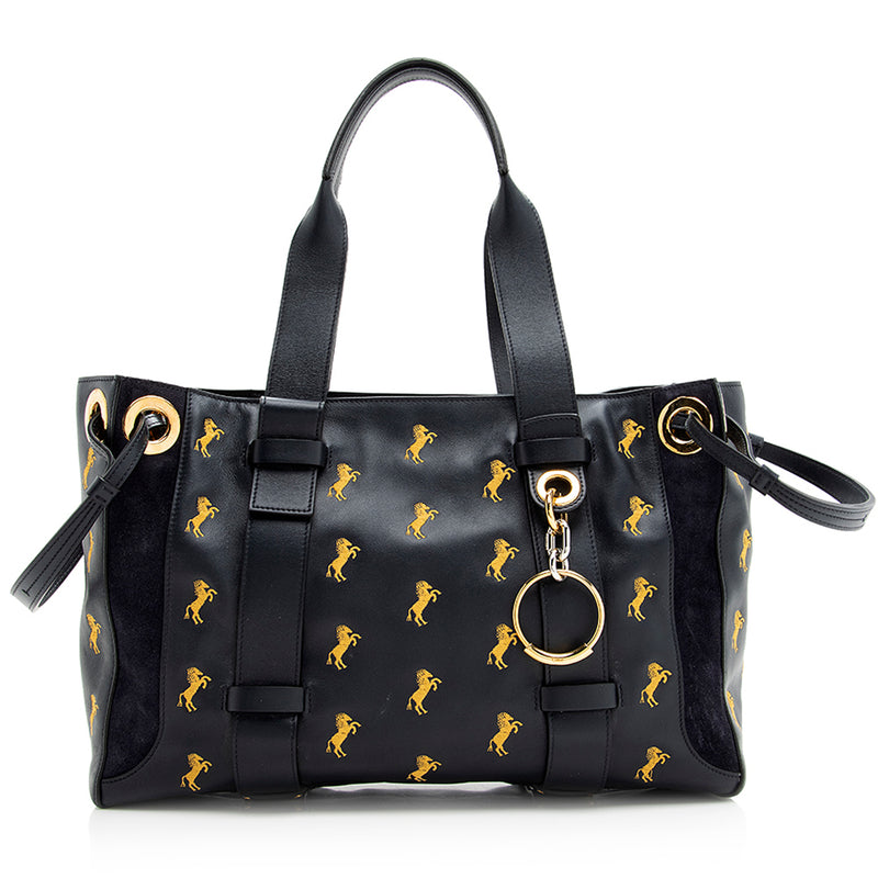 Chloe Leather Embroidered Little Horses Tao Tote (SHF-20818)