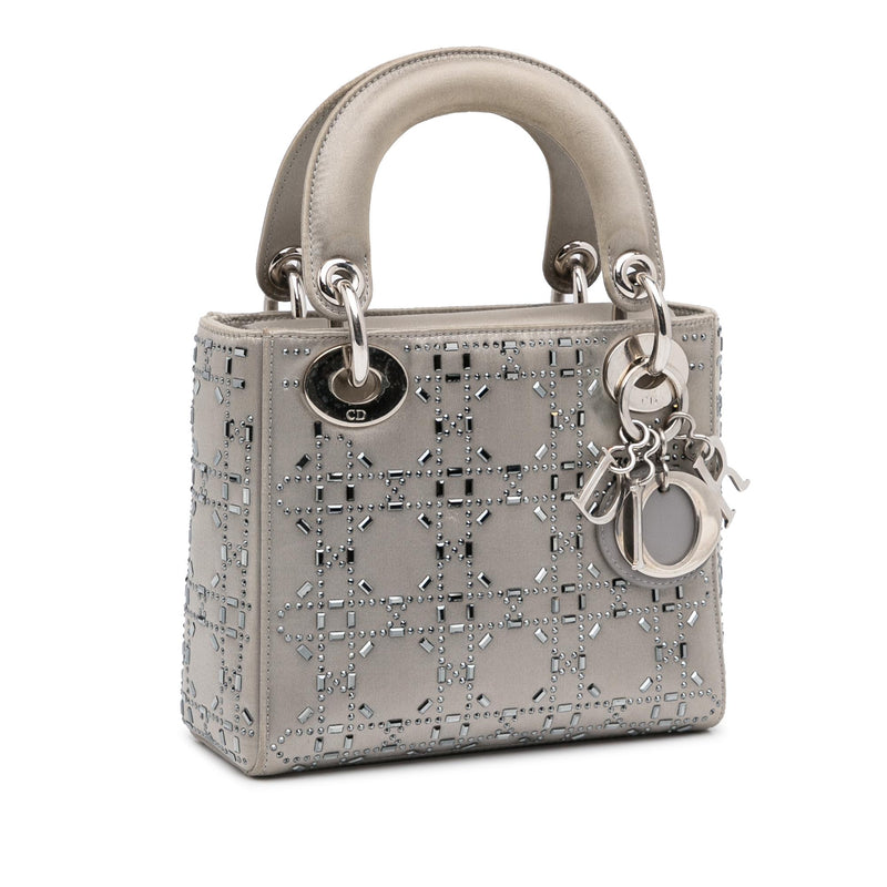 Christian Dior Mini Lady Dior Crystal Embellished Satin Shoulder Bag Gray