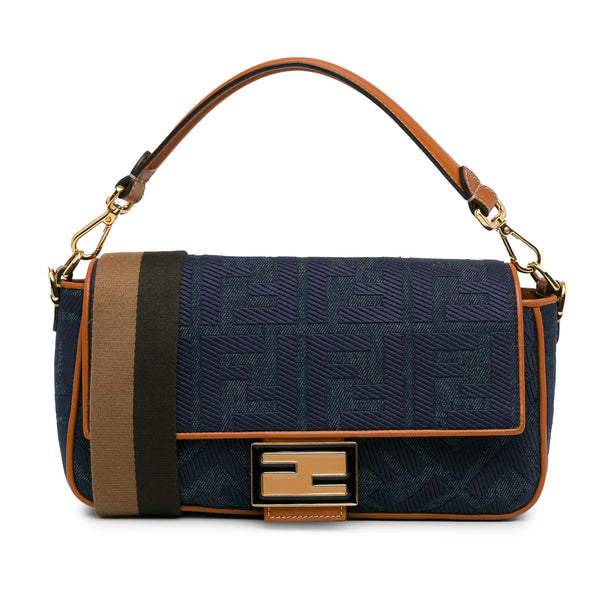 Fendi Zucca Embroidered Denim Baguette Satchel (SHG-oiAEAB)