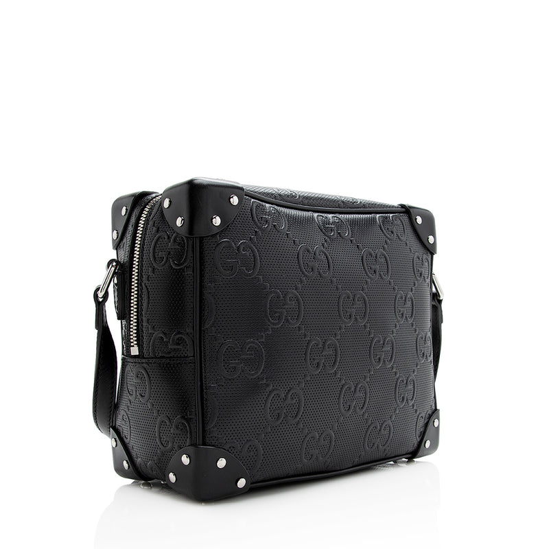 GUCCI GG Embossed Signature Crossbody Messenger Bag Black Leather