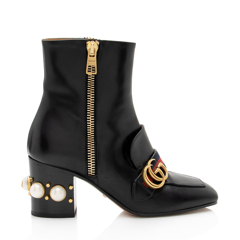 Gucci Calfskin GG Web Pearl Peyton Ankle Boots - Size 7 / 37 (SHF 