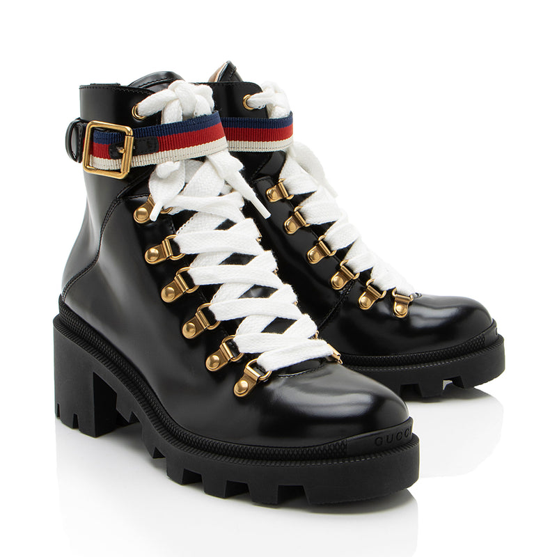 Gucci Calfskin Web Sylvie Combat Boots - Size 6 / 36 (SHF-8RtzMv)