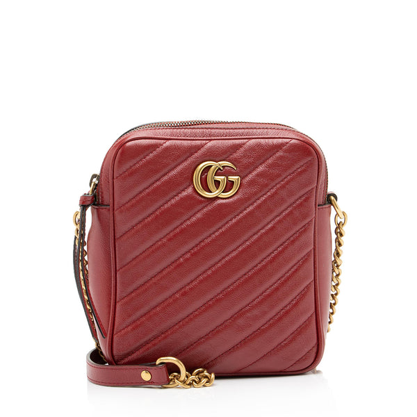 Gucci Diagonal Matelasse Leather GG Marmont Double Zip Mini Camera Bag (SHF-23385)