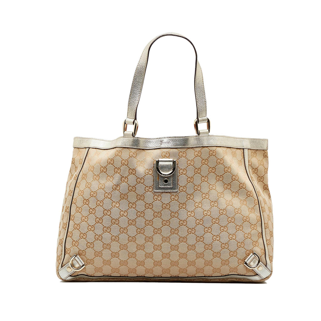 GUCCI Beige GG Monogram Metallic Gold Leather Large Abbey store D-Ring Tote