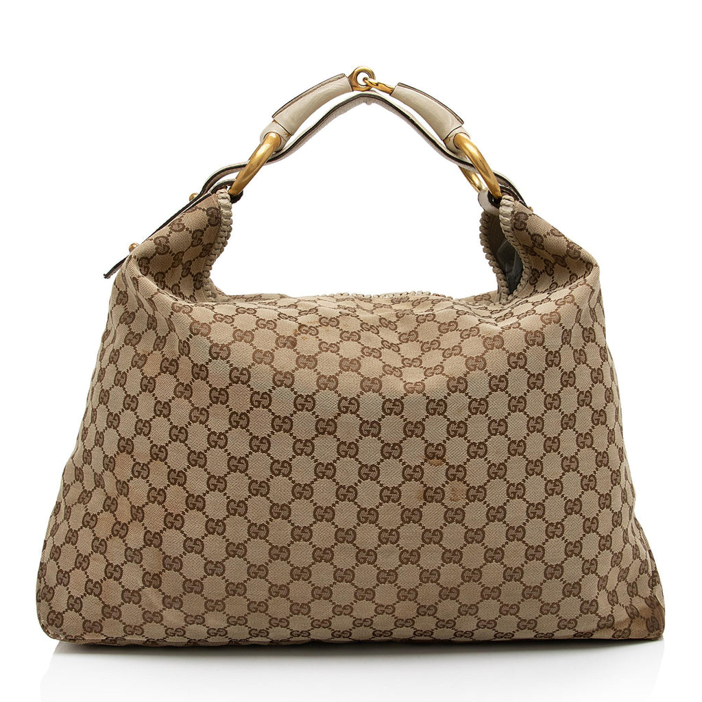 Gucci Monog Horsebit Hobo Shoulder Handbag Brown Canvas XL Gold Toned  Hardwares