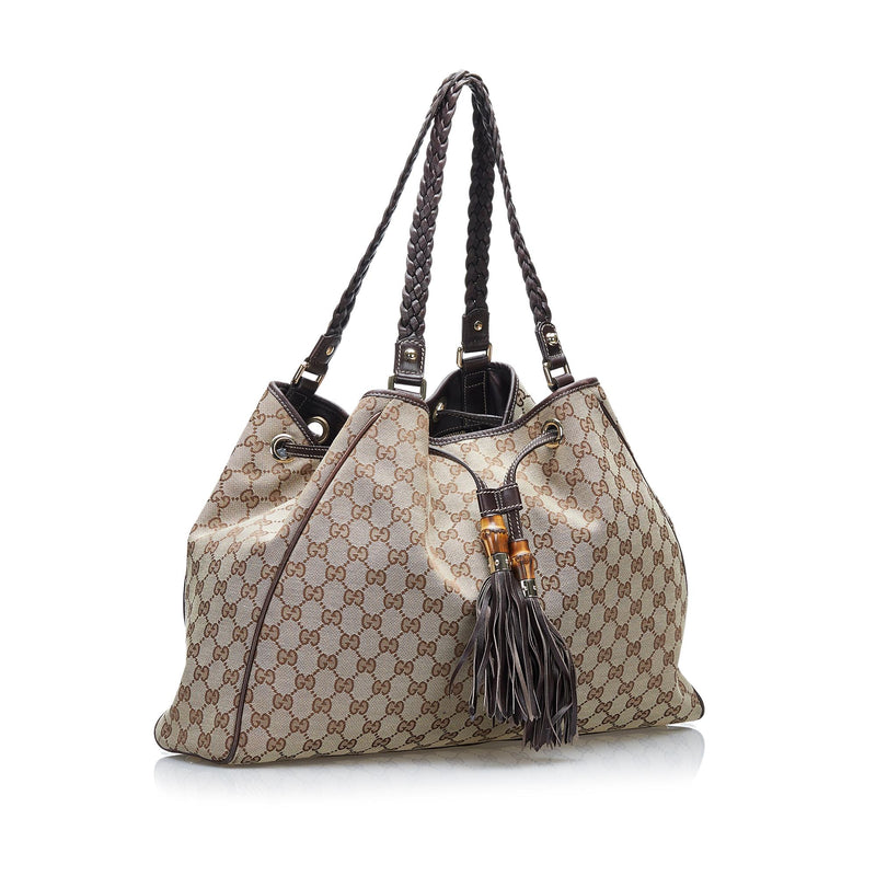 GUCCI Monogram Large Original Tote Tan With Brown Leather/Canvas & GG  Tassels