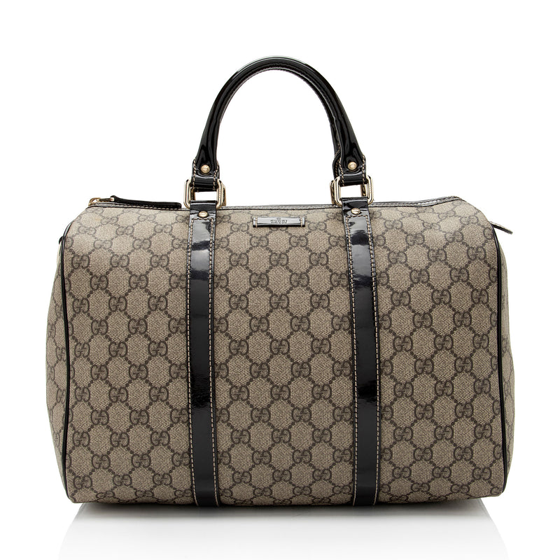 GUCCI BOSTON BAG, with iconic GG print coated canvas with patent