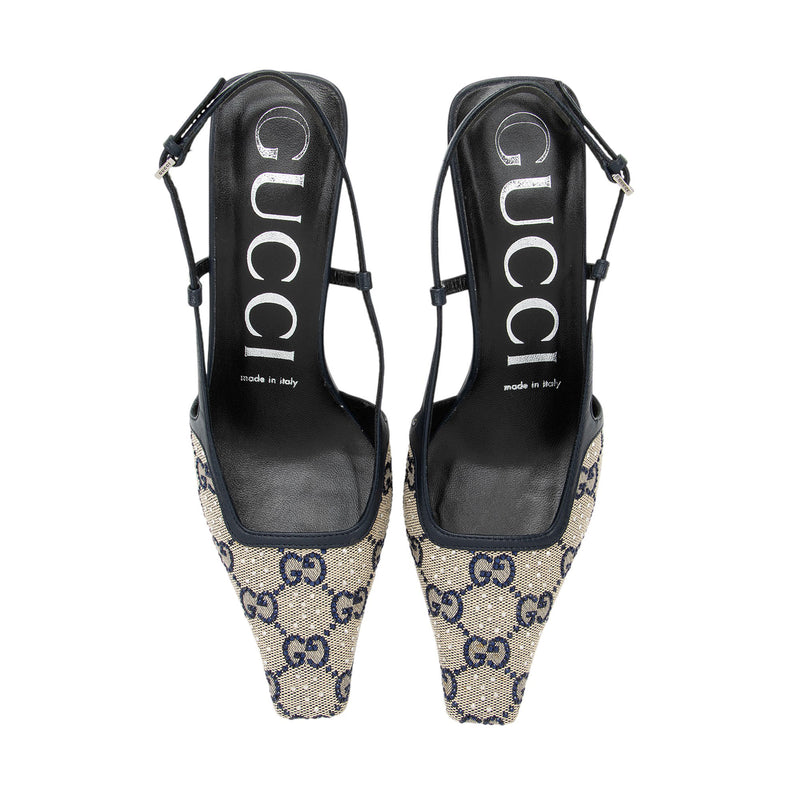 Gucci GG Canvas Malaga Crystal G Slingback Pumps - Size 6 / 36 (SHF-RO5YdI)