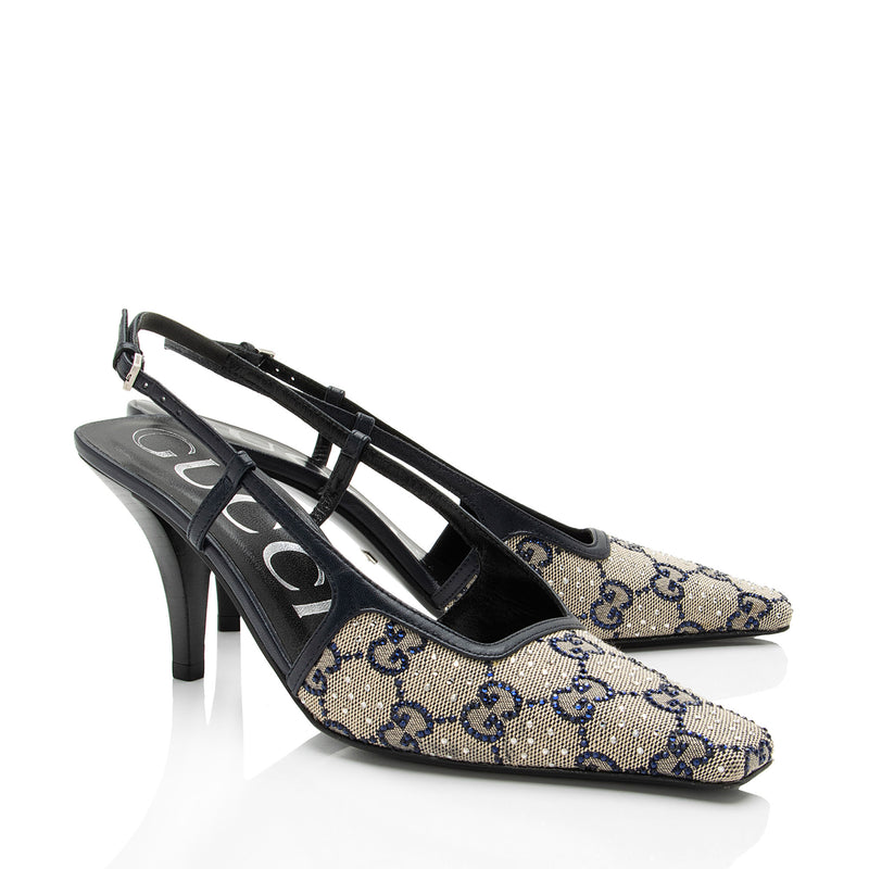 Gucci GG Canvas Malaga Crystal G Slingback Pumps - Size 6 / 36 (SHF-RO5YdI)