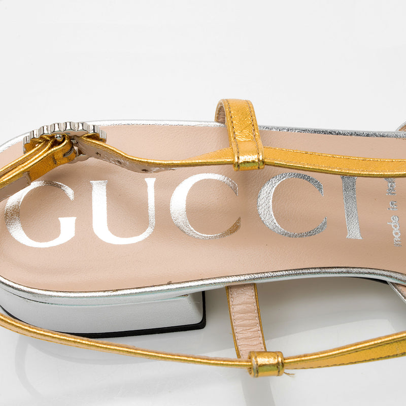 Gucci Metallic Leather Crystal Zephyra Bow Slingback Sandals 