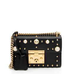 Gucci Pearl Embellished Leather Padlock Small Shoulder Bag (SHF-aixUmI)