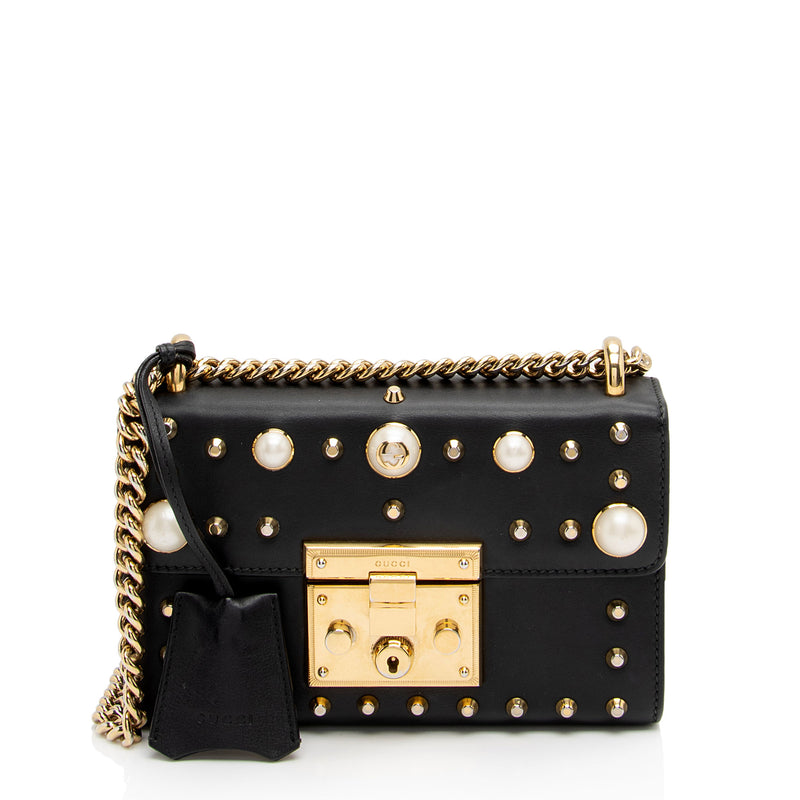 Gucci Pearl Embellished Leather Padlock Small Shoulder Bag (SHF-aixUmI)