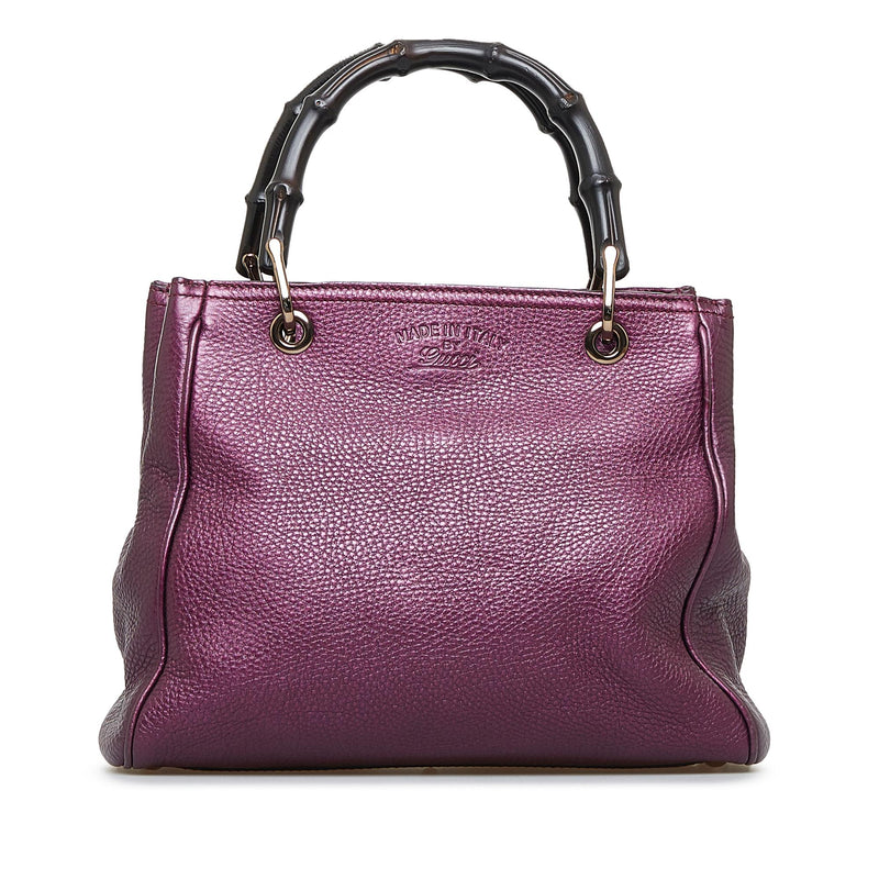 Gucci Purple Pebbled Leather Bamboo Top Handle Medium Shopper Tote Bag