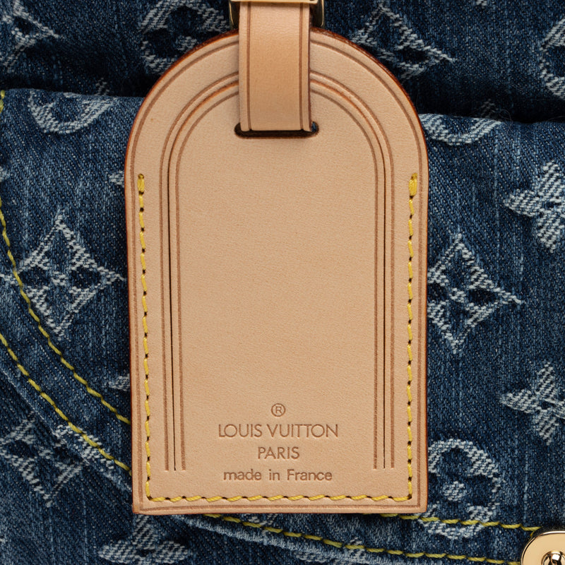 LOUIS VUITTON Monogram Denim Logo Gold Tan Leather Backpack Shoulder Bag