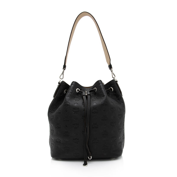 MCM Embossed Leather Aren Medium Drawstring Shoulder Bag (SHF-Spfysu)