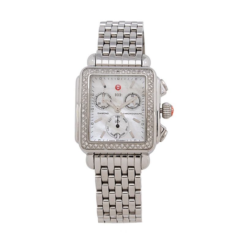 Michele Stainless Steel Diamond Mother of Pearl Deco Chronograph Watch (SHF-FDLv6Y)