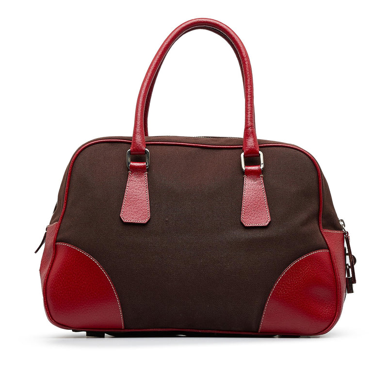 Prada Beige Canvas and Red Leather Bowling Bag