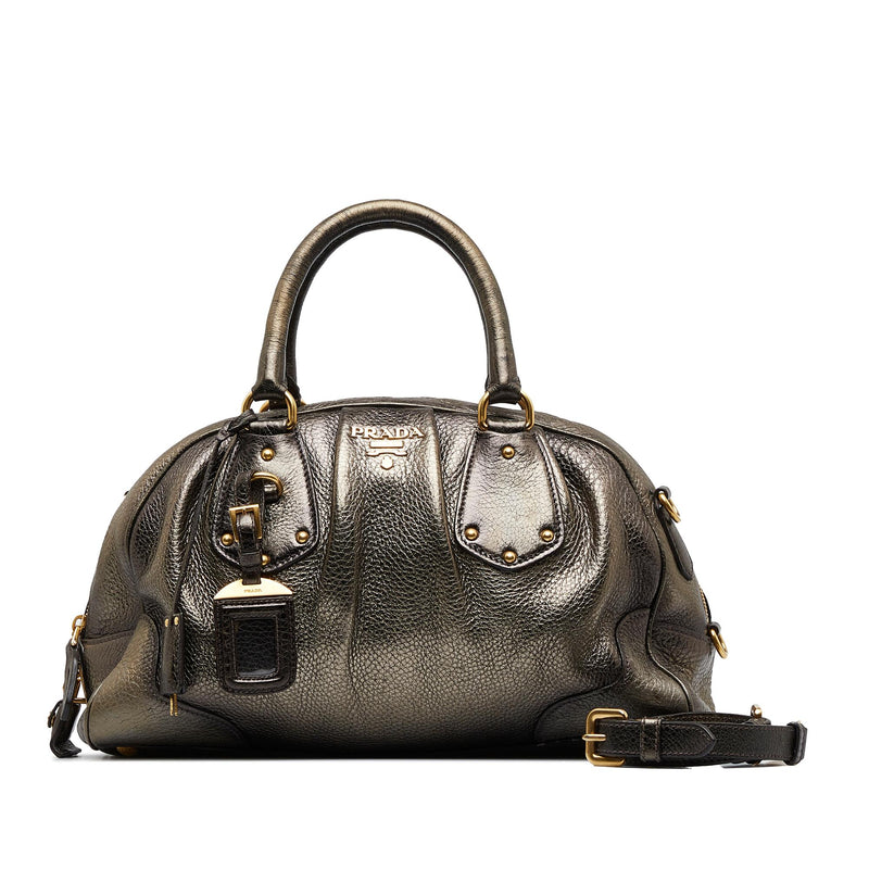 Prada Metallic Silver Cervo Antik Leather Bauletto Bag at 1stDibs