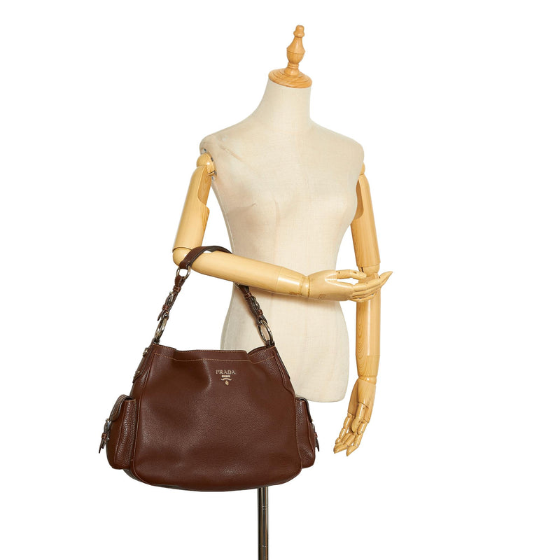 Prada Leather Side Pocket Hobo Shoulder Bag Brown