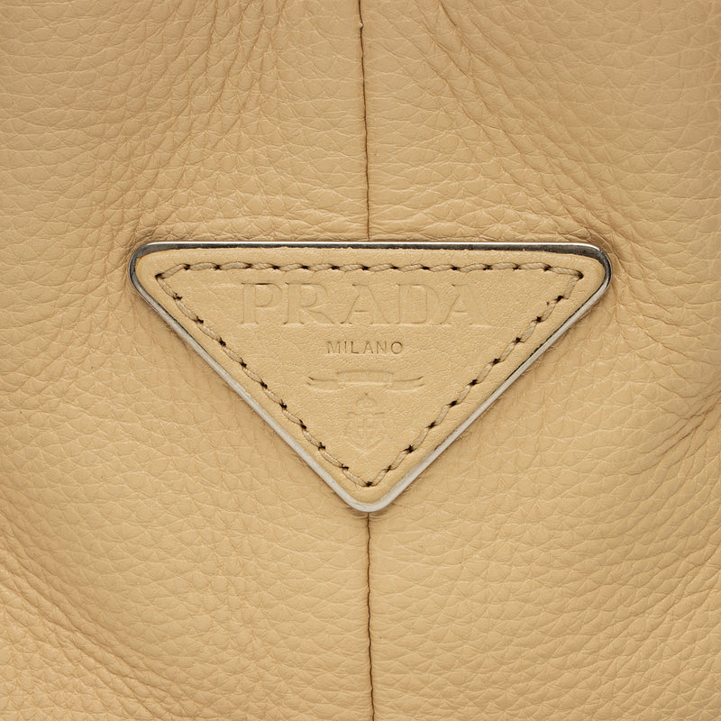 PRADA Vitello Daino Side-Pocket Leather Tote Shoulder Bag Beige