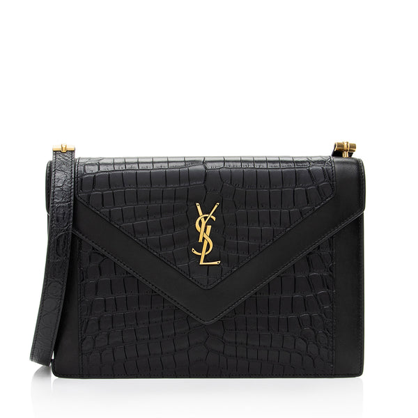 Saint Laurent Croc Embossed Calfskin Monogram Gaby Shoulder Bag (SHF-EAdNMt)