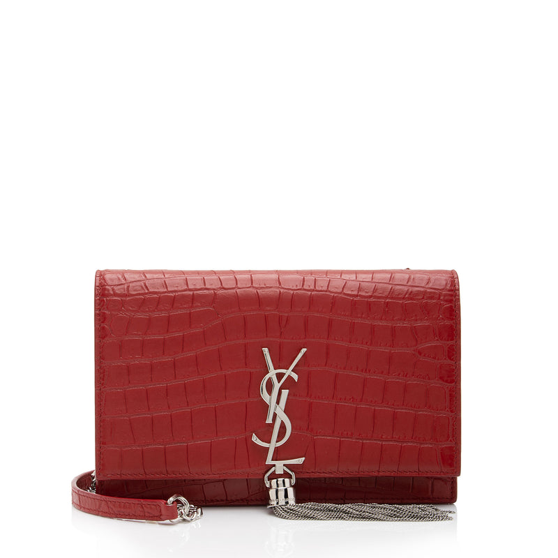 Saint Laurent Paris Red Croc Embossed Leather Wallet on Chain