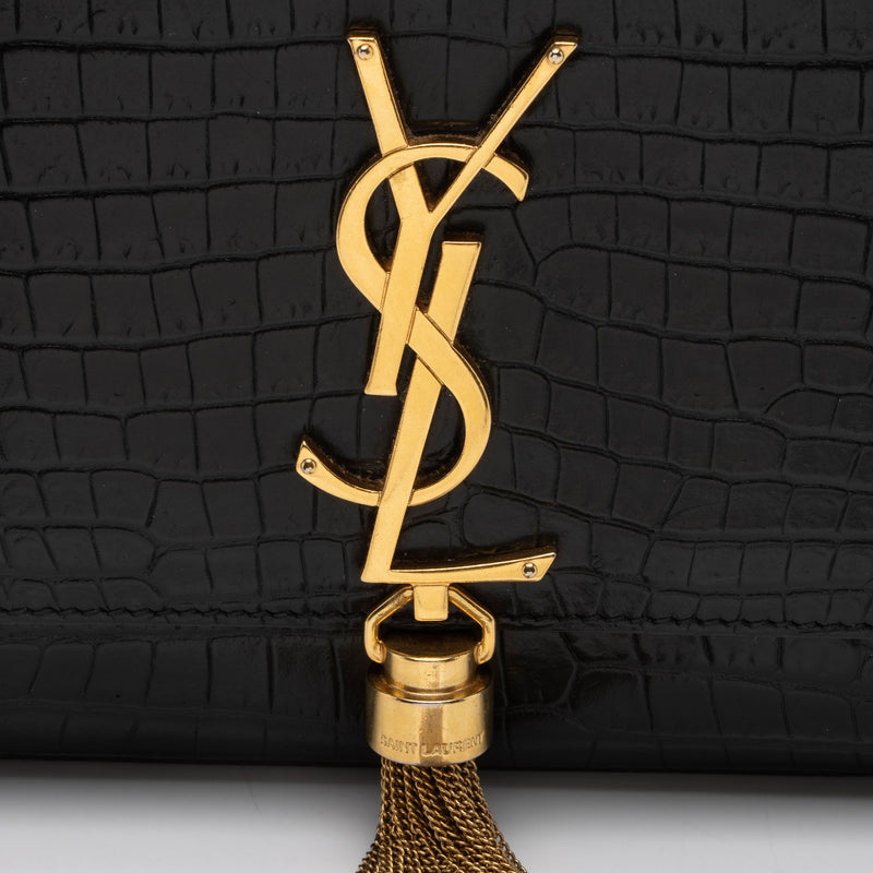 Saint Laurent Croc Embossed Leather Monogram Kate Tassel Medium Shoulder Bag (SHF-XGojHb)