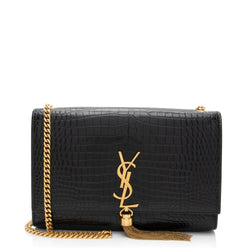 Saint Laurent Croc Embossed Leather Monogram Kate Tassel Medium Shoulder Bag (SHF-XGojHb)