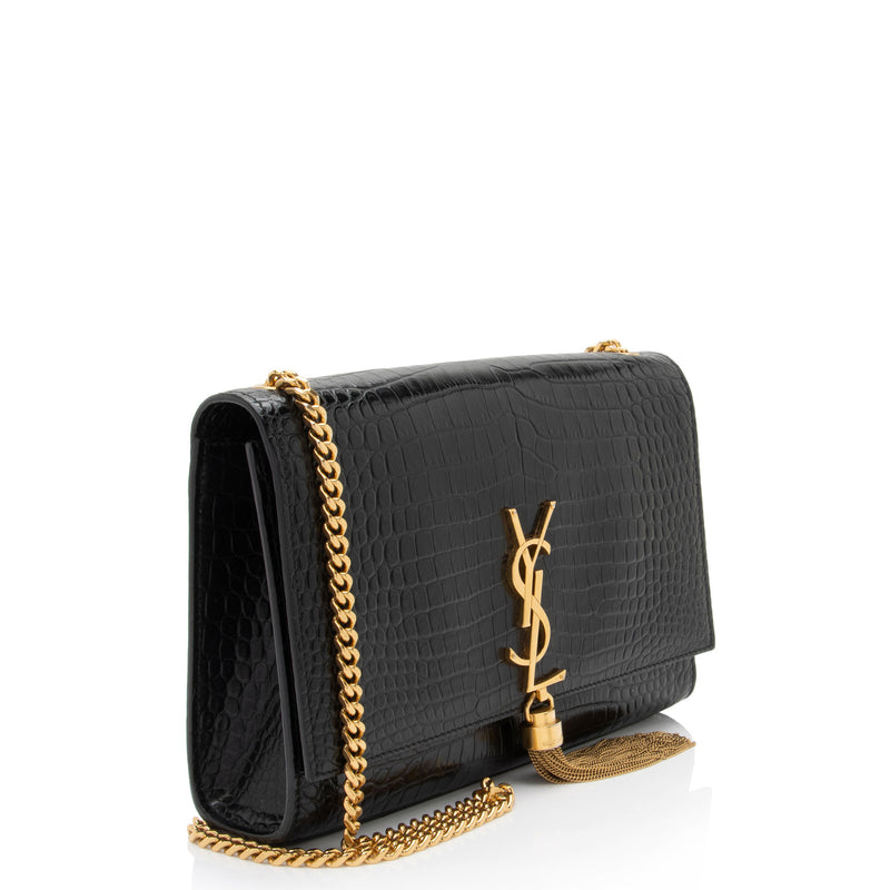 Saint Laurent Croc Embossed Leather Monogram Kate Tassel Medium Shoulder Bag (SHF-XGojHb)