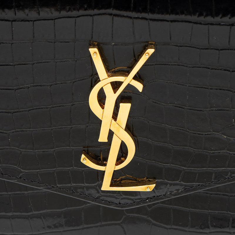 Saint Laurent Croc Embossed Leather Monogram Uptown Chain Wallet (SHF-nn92UW)